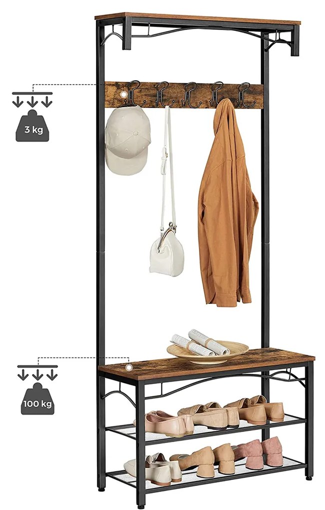 Bengaleiro e sapateira de estilo industrial 80 x 178,5 x 30 cm preto e castanho vintage