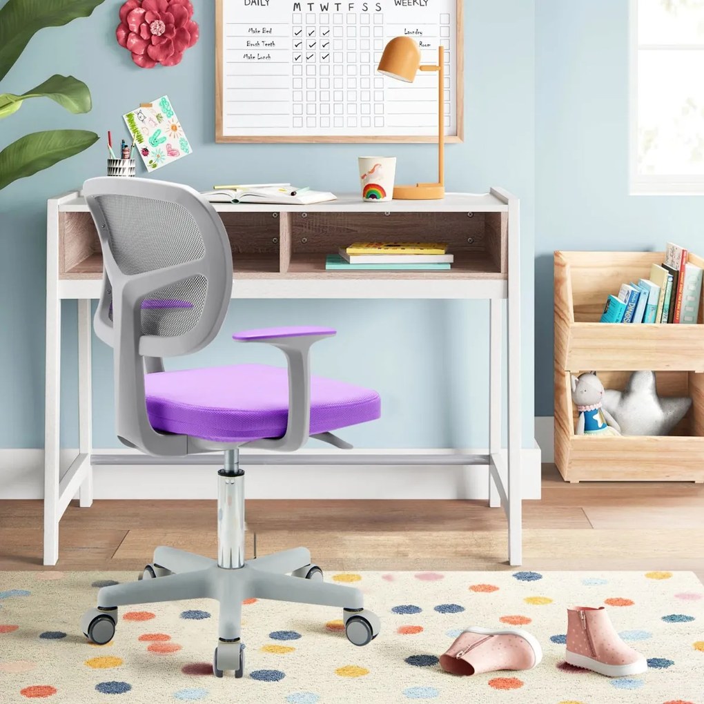 Cadeira infantil de escrivaninha ergonómica para crianças com rodas, trava de pressão, cadeira giratória para computador, altura ajustável, suporte lombar Púrpura