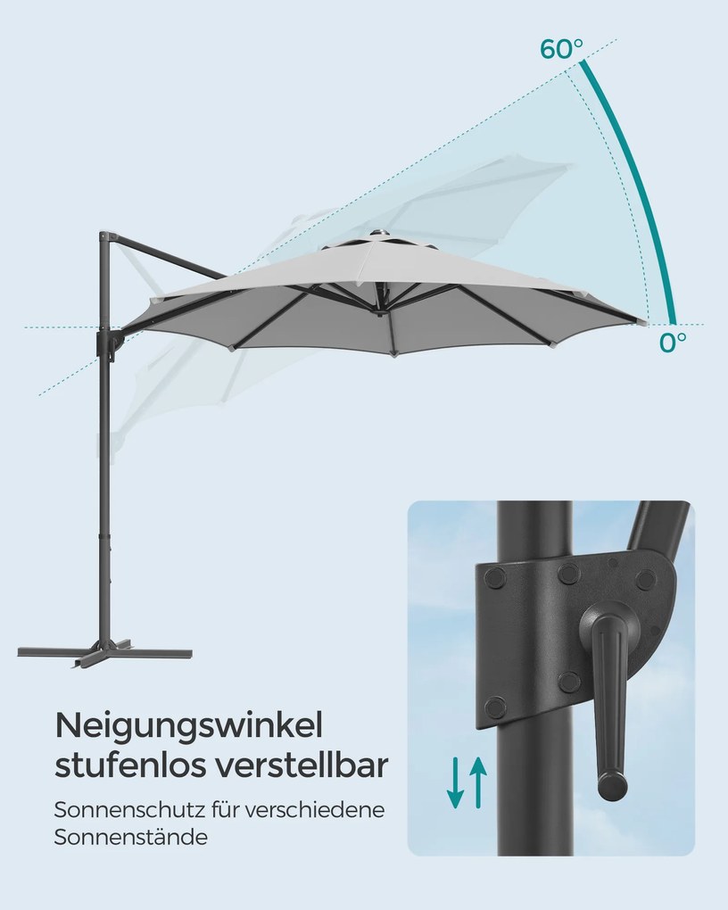 Guarda-sol Jardim Ø 300 cm UPF 50+ com manivela e base em cruz Cinzento