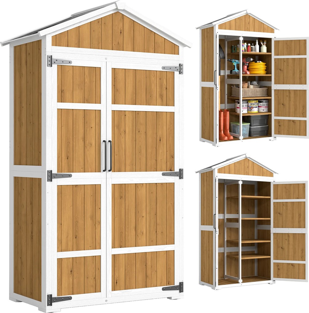 Abrigo de jardim 105 x 55 x 179 cm com telhado metálico e porta dupla para ferramentas de jardinagem - Natural
