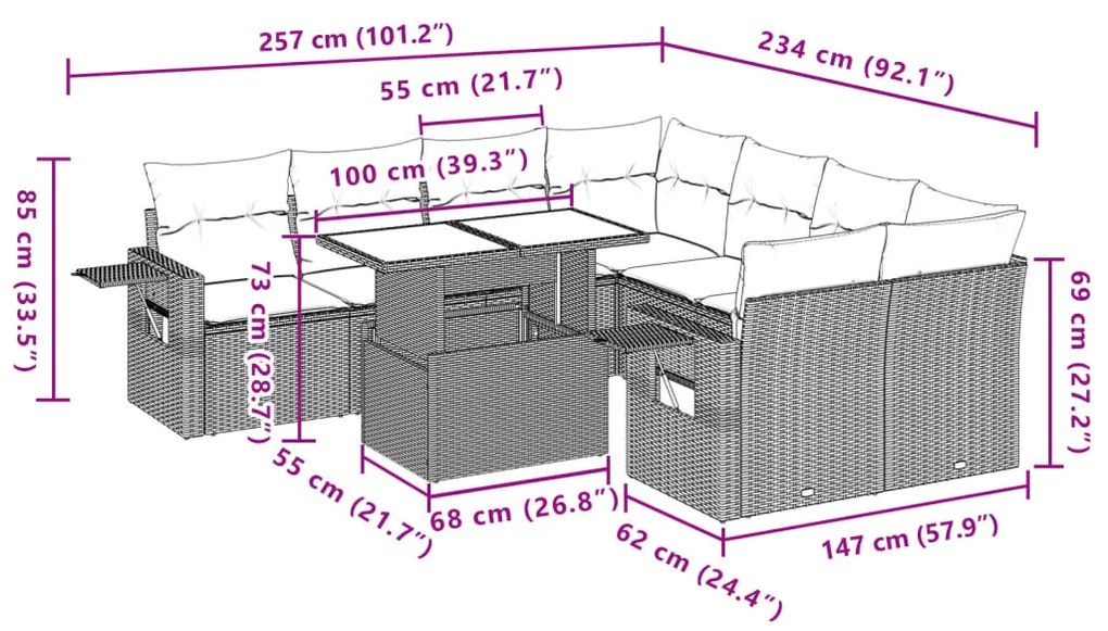 9 pcs conjunto de sofás p/ jardim com almofadões vime PE bege