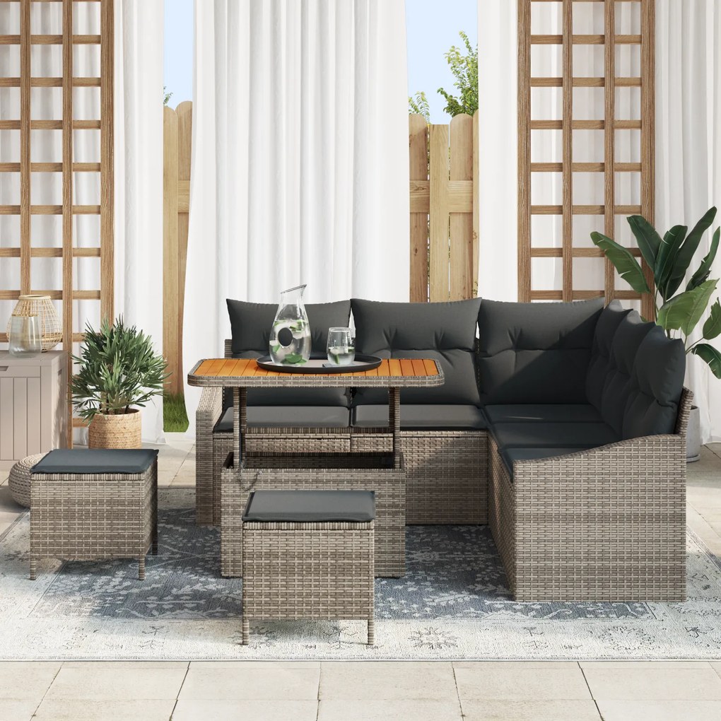 Conjunto de Sofás de Jardim vidaXL de 8 Peças com Almofadas Cinzento Rattan Polipropileno Acácia