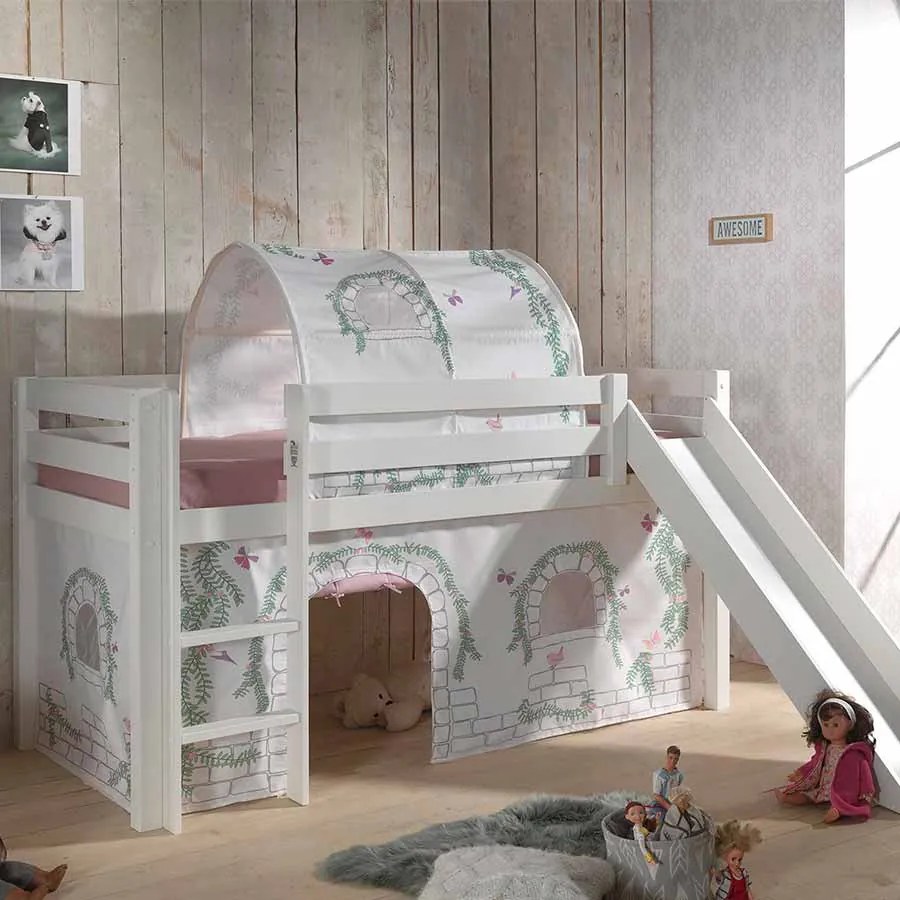 Conjunto Cama alta de Criança PINO 90 x 200 cm + estrado + escada + escorrega + cortina + túnel Pássaros branca