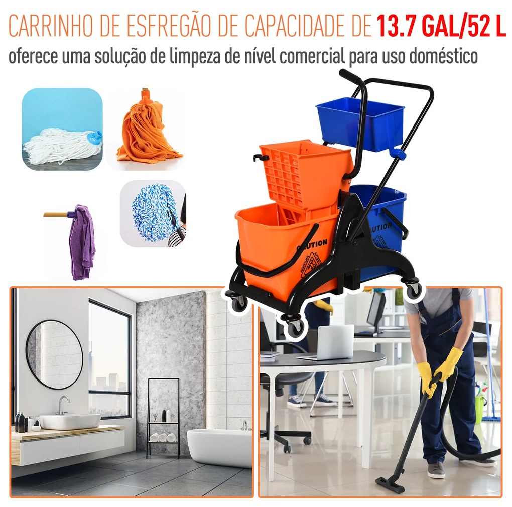 Balde de esfregona com capacidade de balde dupla espremedor 26L 78x45x95 cm laranja e azul