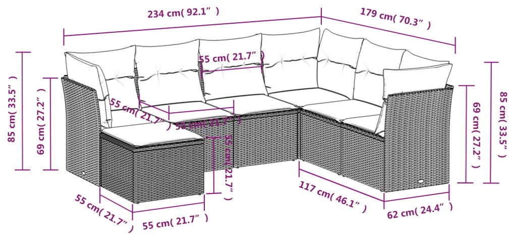 7 pcs conjunto de sofás p/ jardim c/ almofadões vime PE preto