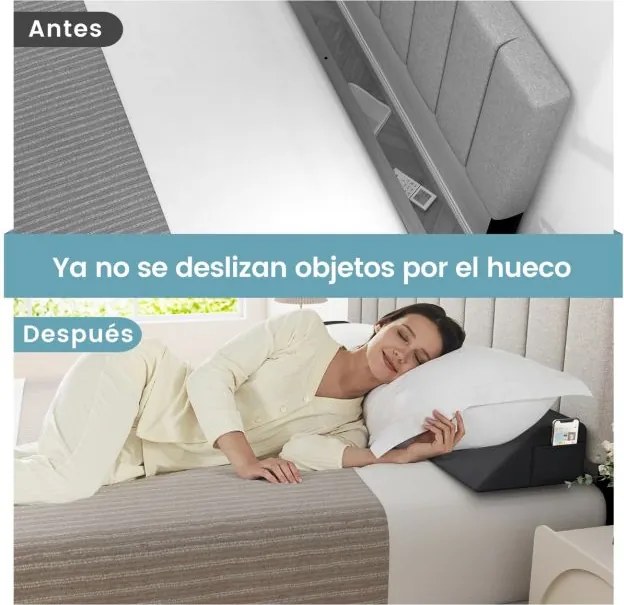 Almofada em forma de cunha de 137 cm para cama de cabeceira com 2 bolsos Capa lavável para fechar o espaço Cinza