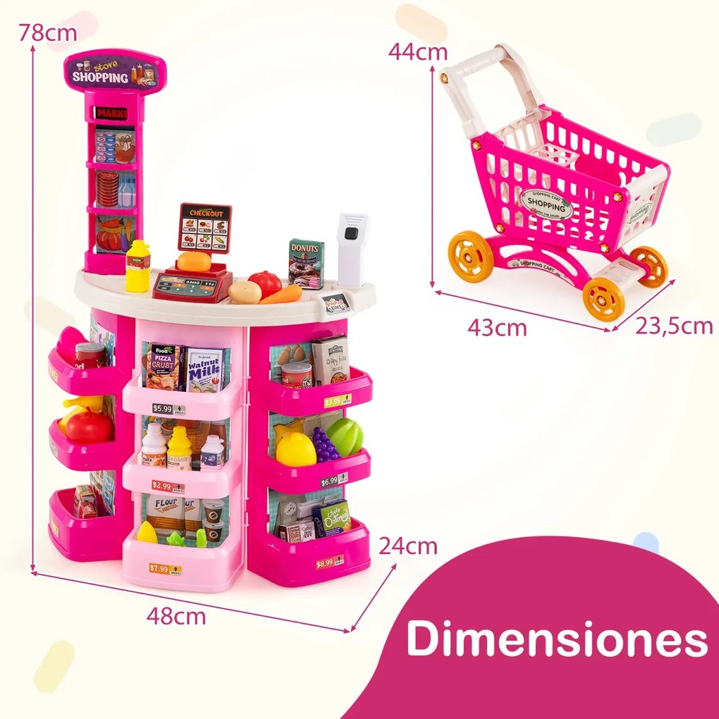 Conjunto de supermercado para crianças com carrinho de compras, balança e scanner com luz e som, 76 peças de alimentos e acessórios, jogo de encenação