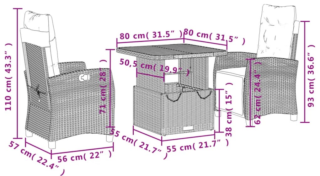 3 pcs conjunto de jantar p/ jardim com almofadões vime PE bege