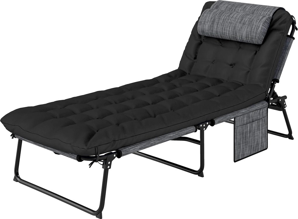 Outsunny Espreguiçadeira Dobrável para Jardim com Almofada Cadeira de Sol com Encosto Ajustável em 4 Posições Bolso Lateral Preto | Aosom Portugal
