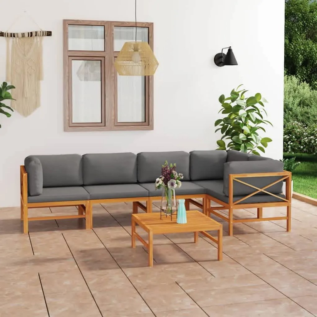 vidaXL 6 pcs conj. lounge jardim c/ almofadões cinzentos teca maciça