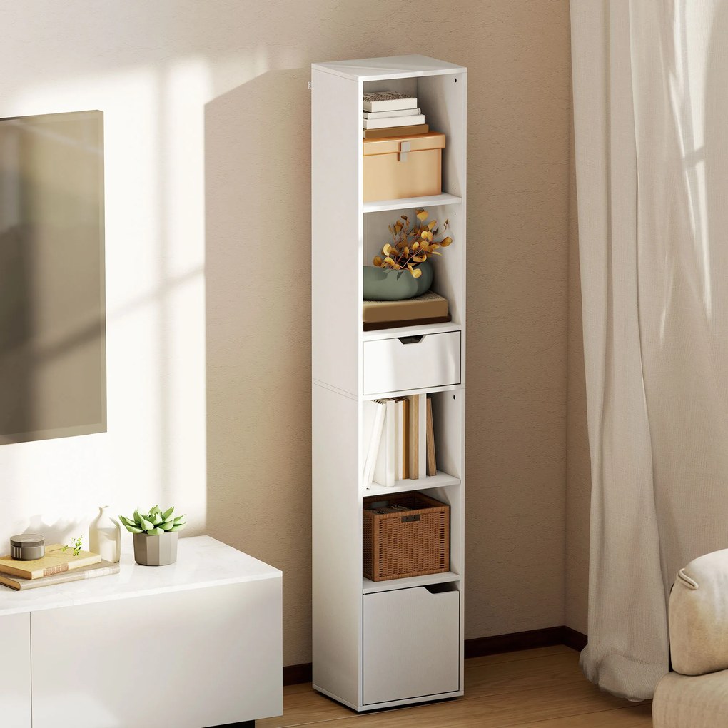 Estante para livros 30 x 24 x 158 cm, móvel de arrumação com gaveta, armário e compartimentos abertos, branco