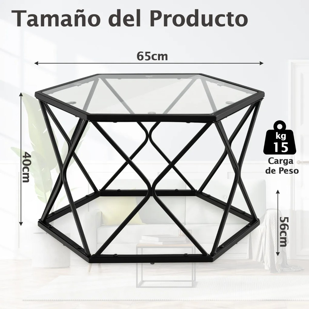 Mesa de centro geométrica de vidro temperado hexagonal Pernas de metal compactas para sala de estar Sala de receção 65 x 56 x 40 cm Preto