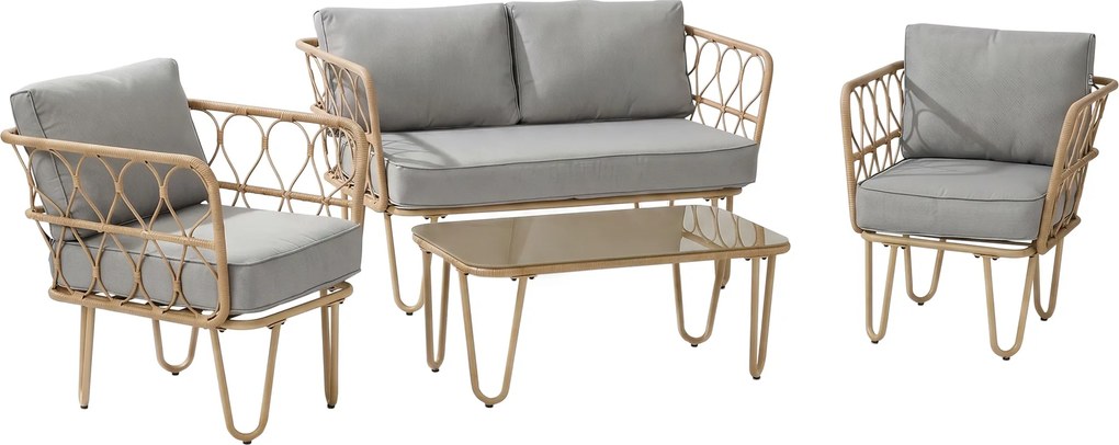 Outsunny Conjunto de Jardim de 4 Peças em Vime Sintético com 2 Poltronas 1 Sofá de 2 Lugares 1 Mesa e Almofadas Natural e Cinza | Aosom Portugal