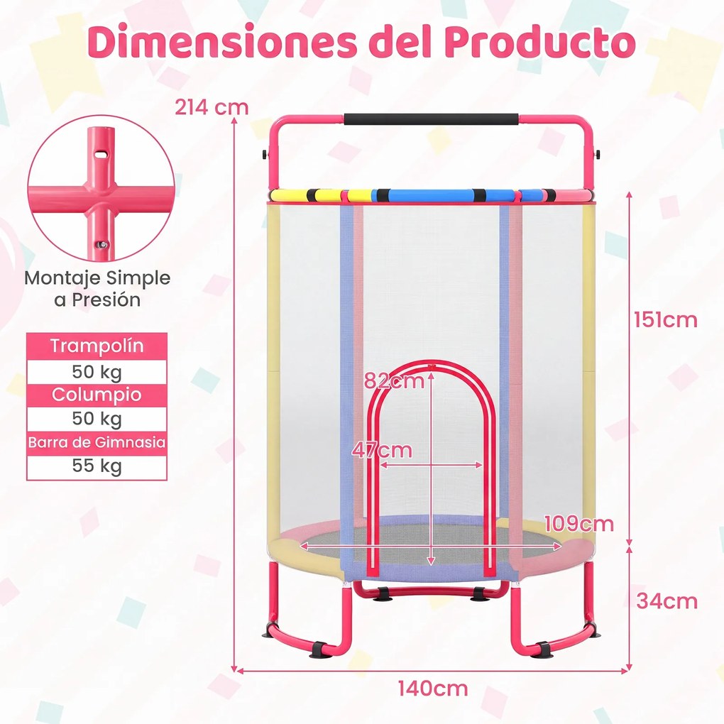 Trampolim Infantil 6 em 1, 140 x 140 x 214 cm, Estrutura em Aço Galvanizado, Multicolor