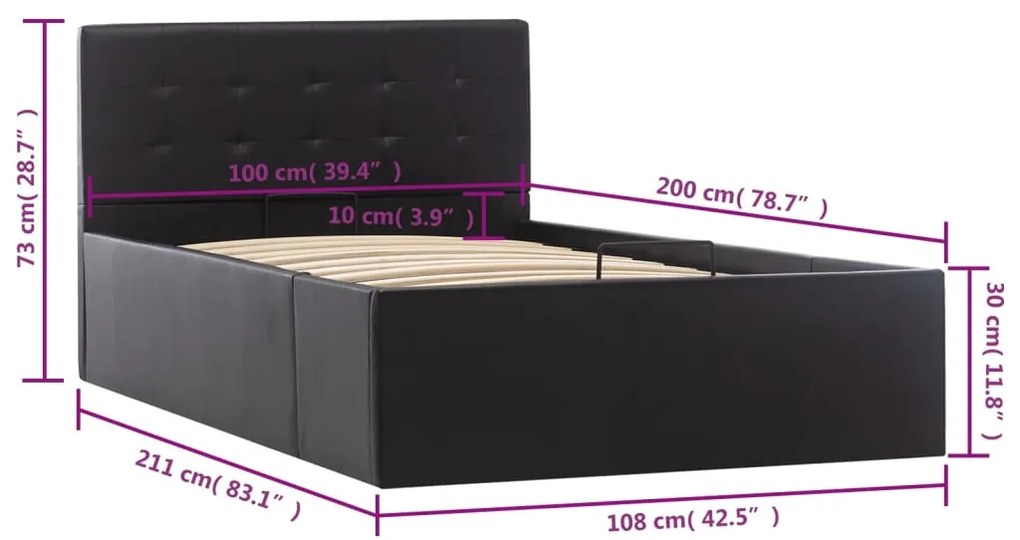 Cama hidráulica c/ arrumação 100x200cm couro artificial preto