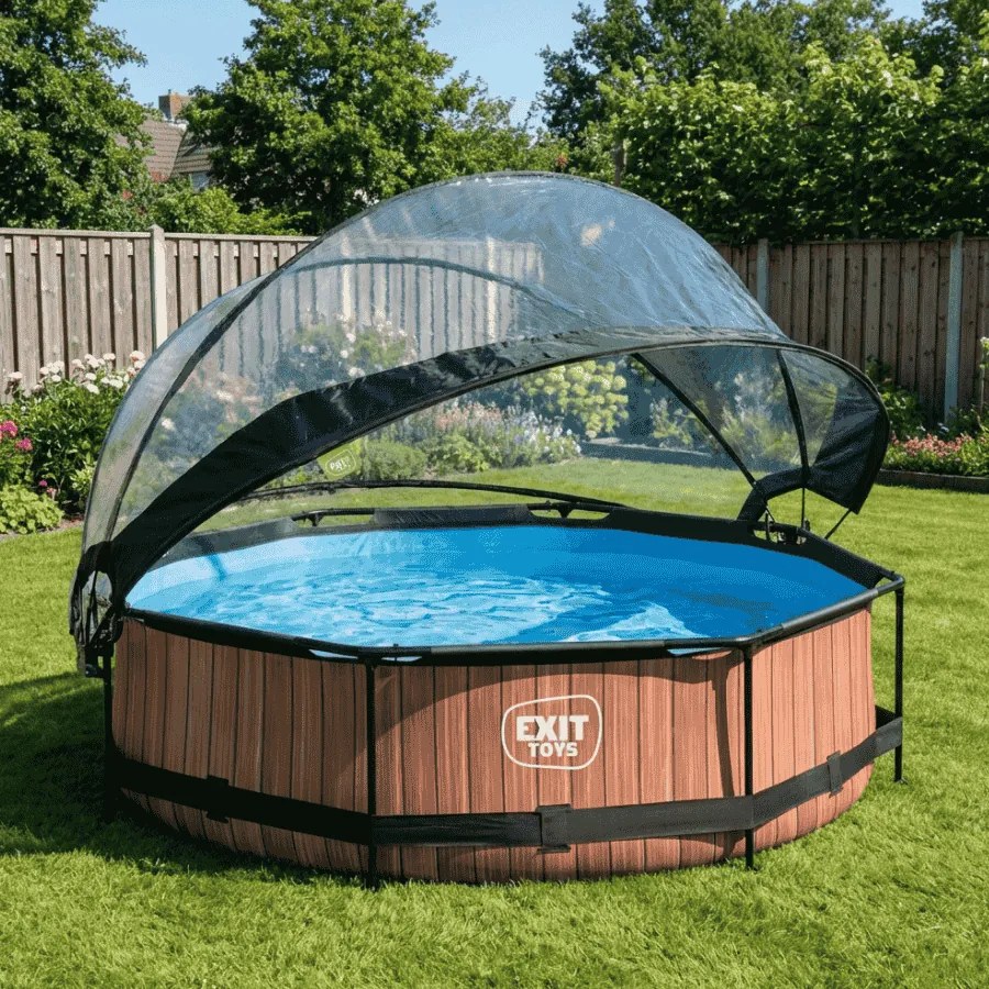 Piscina redonda Wood ø300x76cm com bomba de filtragem e cobertura - castanha