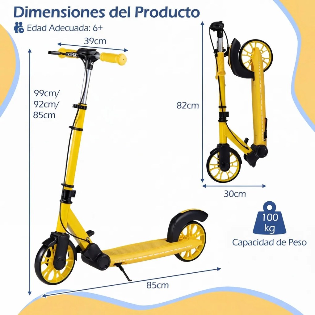 Trotinete dobrável para crianças +6 anos 2 rodas iluminadas com Guiador ajustável em 3 alturas Plataforma antiderrapante Amarela
