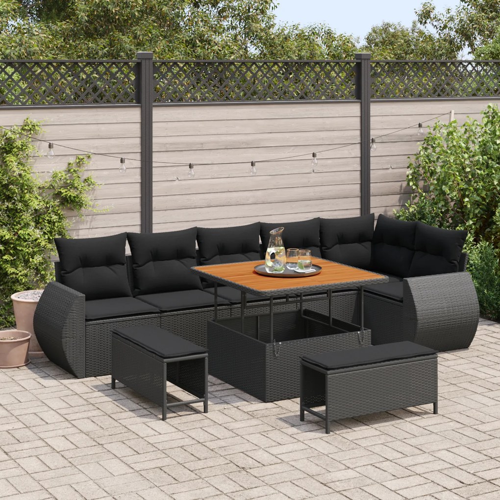 Conjunto de Sofás de Jardim vidaXL 9 Peças com Almofadas, Rattan Preto Acácia