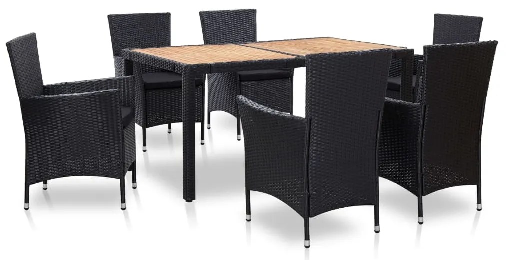 vidaXL 7 pcs conjunto jantar exterior com almofadões vime PE preto