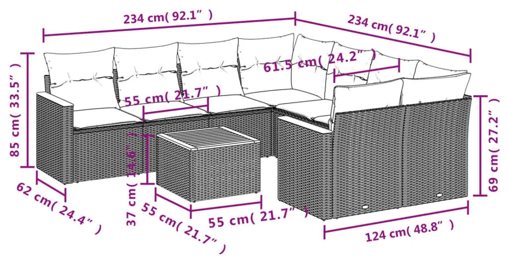 9 pcs conj. sofás jardim c/ almofadões vime PE bege misturado