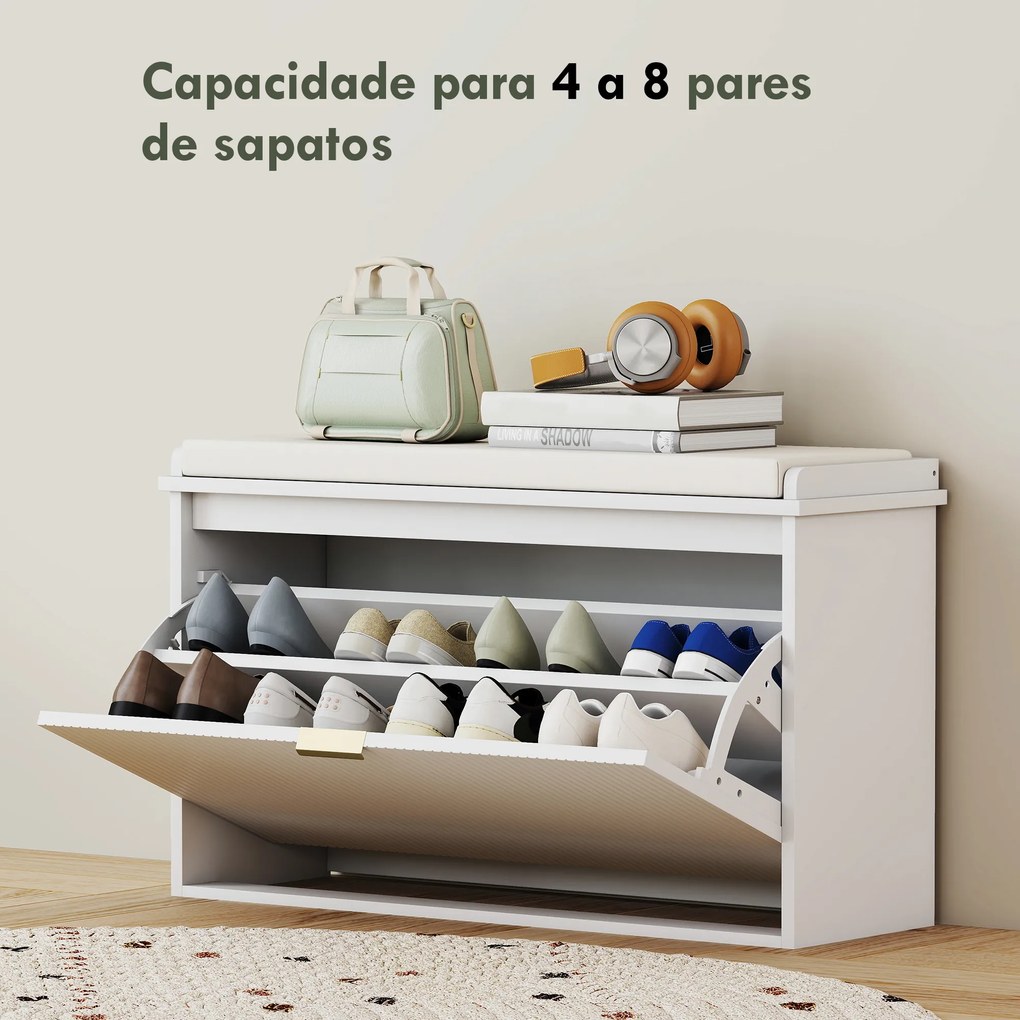 Banco Sapateira Móvel Sapateira Estreito com Assento Estofado Caixa Rebatível e Painel de Ripas 80x26x47,5 cm Branco