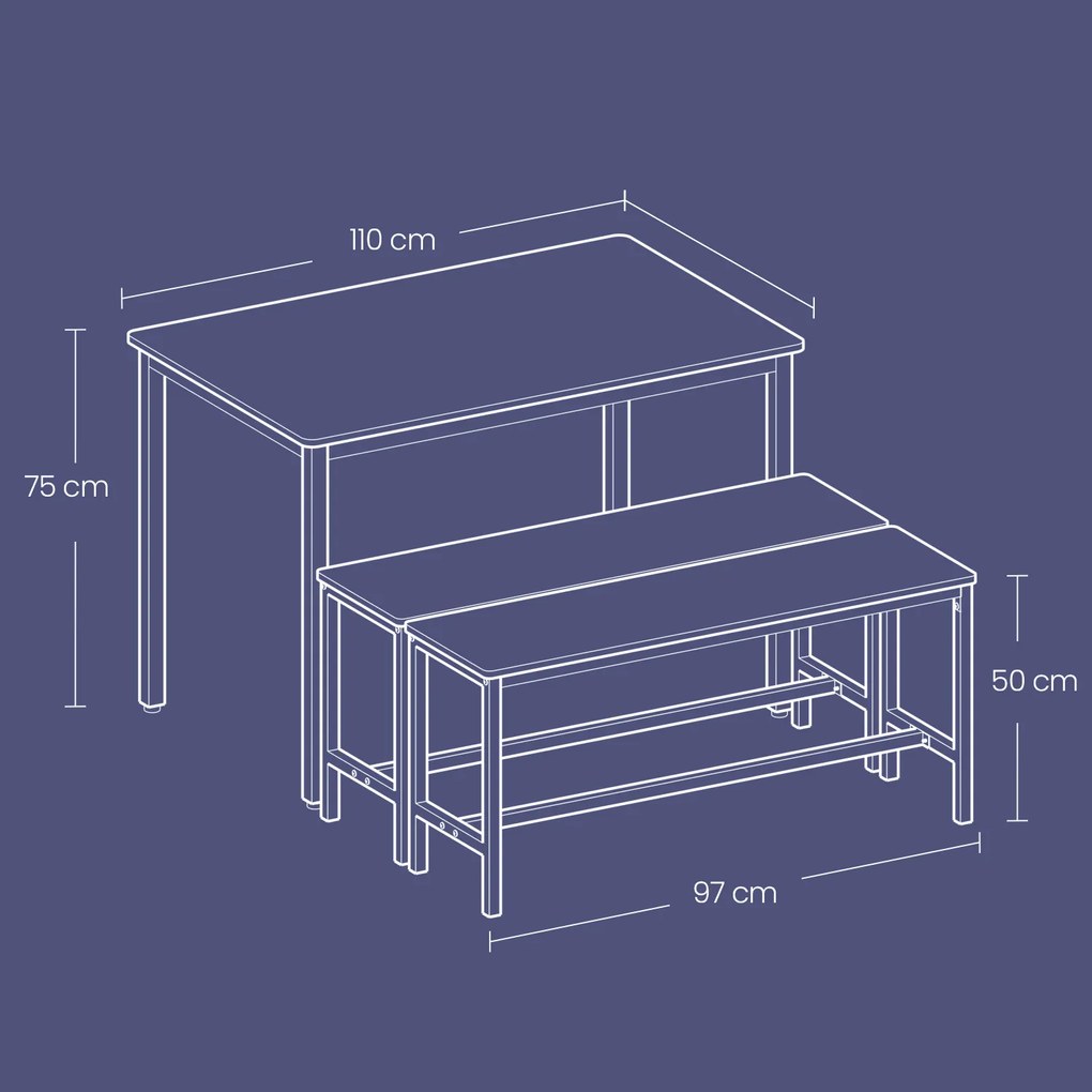 Mesa de jantar com 2 bancos, conjunto de 3 peças , cinza-preto