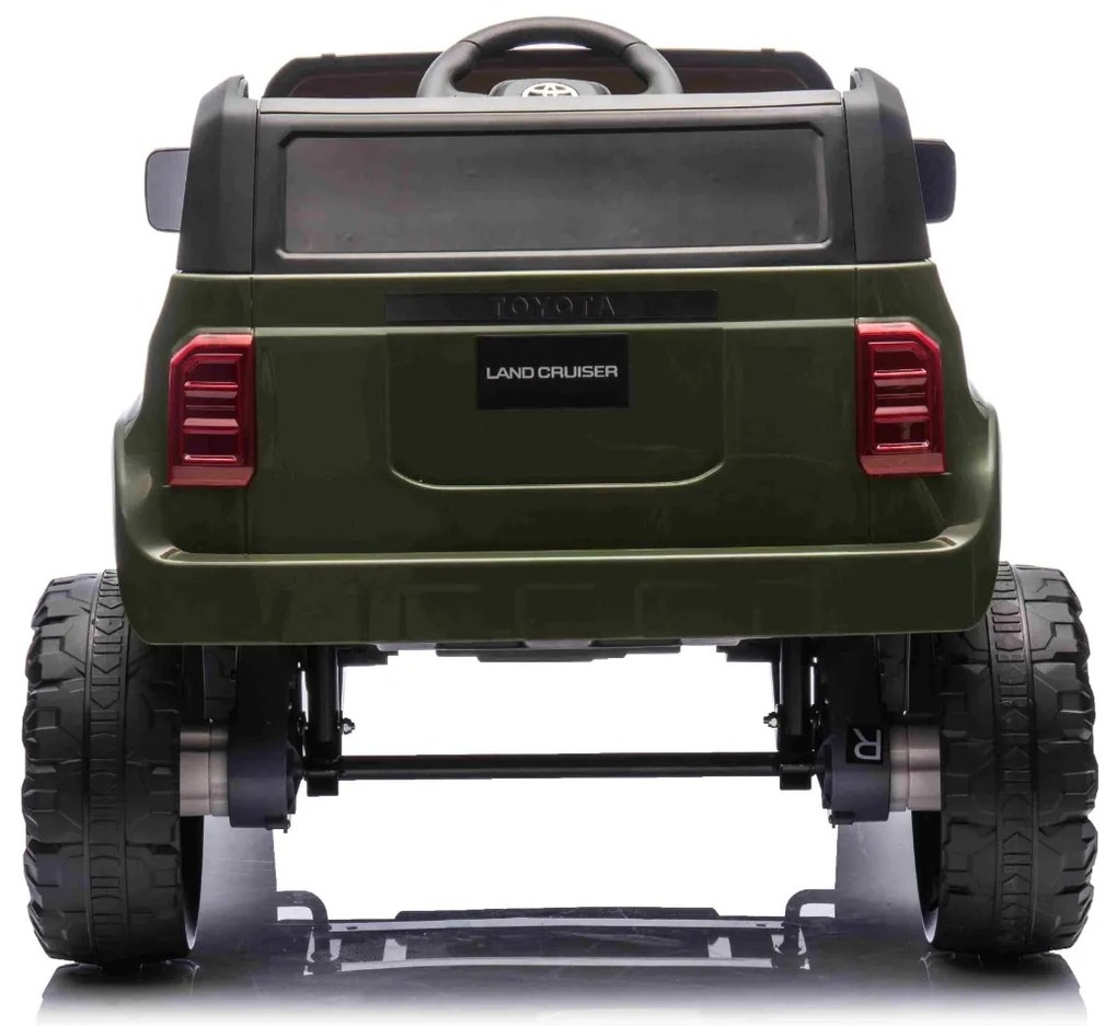 Jipe elétrico para crianças Toyota Landcruiser 12V controlo remoto de 2,4 GHz, entrada USB/AUX, Bluetooth, suspensão, bateria de lítio, luzes LED Verd