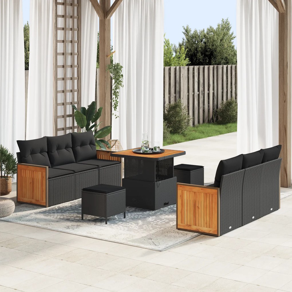 Conjunto de Sofá de Jardim vidaXL com Almofadas Preto Rattan Poliéster Acácia