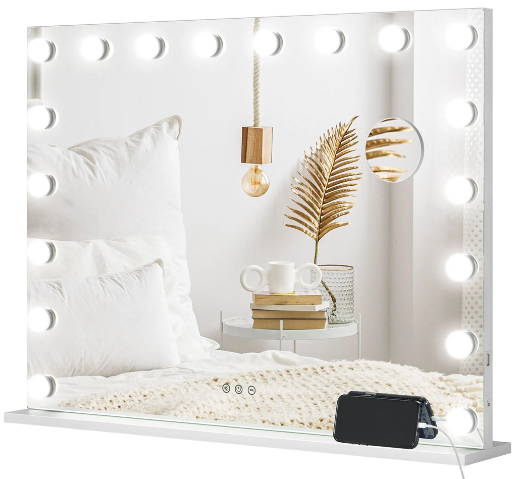 HOMCOM Espelho de Maquiagem LED Luminoso com Intensidade Ajustável e Espelho de Aumento para Porta de Carga USB, 80 x 62 cm | Aosom Portugal