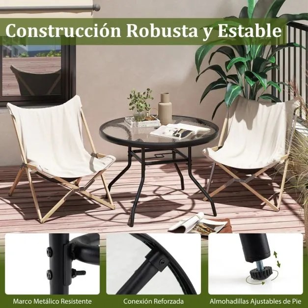 Mesa jarim para exterior com vidro temperado 70 x 70 x 45,5 cm, orifício para guarda-sol e metal para jardim ou terraço Preta