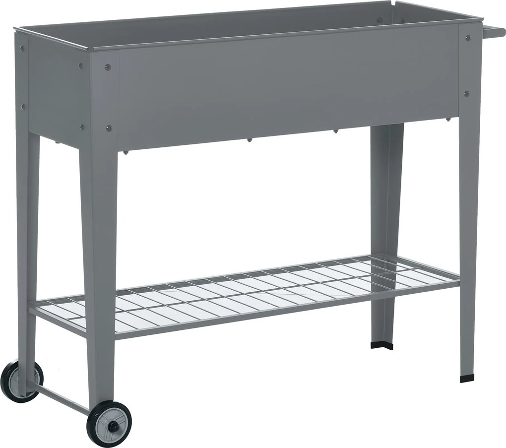 Outsunny Floreira de metal elevado Cama de jardim sobre rodas Alça lateral e prateleira inferior 104x39x80 cm cinza| Aosom Portugal