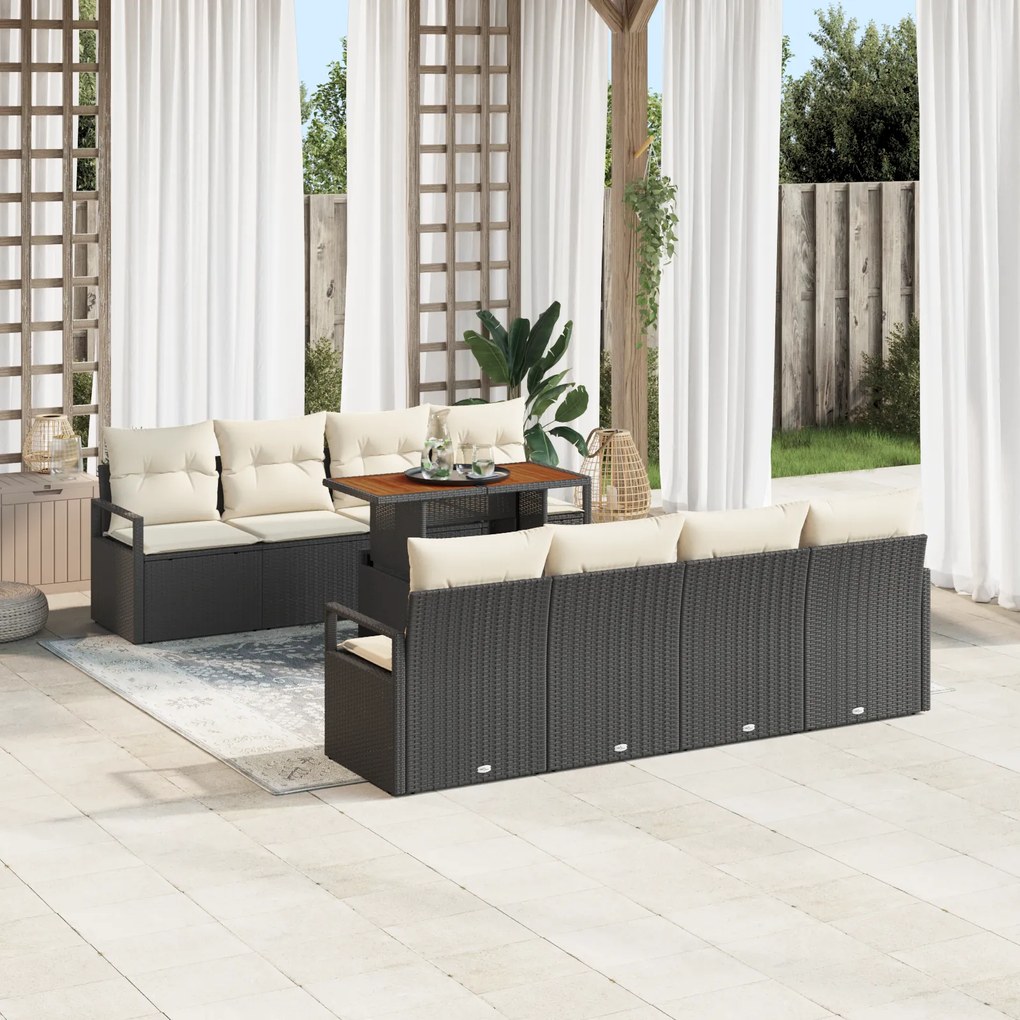 Conjunto de Sofá de Jardim de 9 Peças com Almofadas Preto Rattan Poly