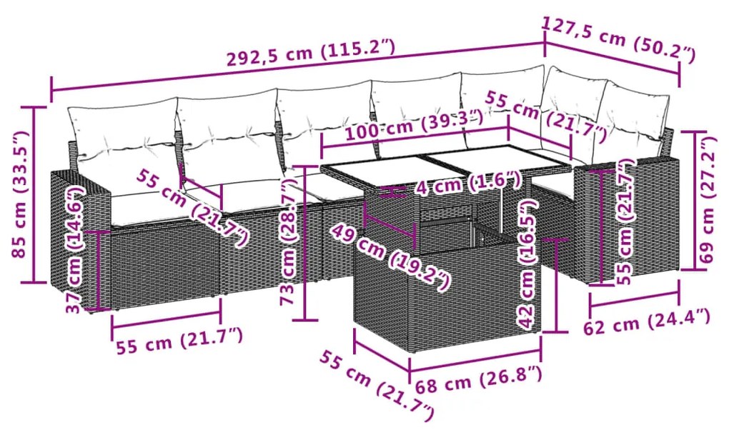 7 pcs conjunto de sofás jardim c/ almofadões vime PE castanho