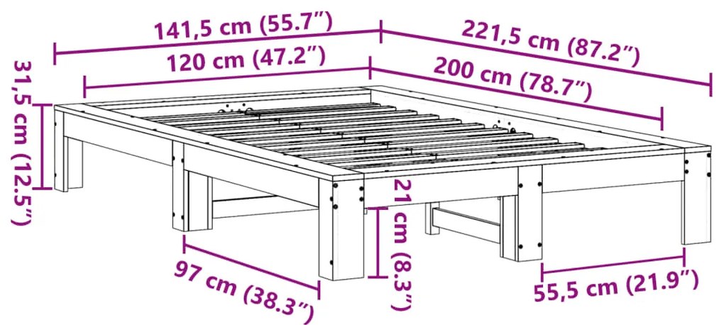 Cama sem colchão 120x200 cm madeira de pinho maciça