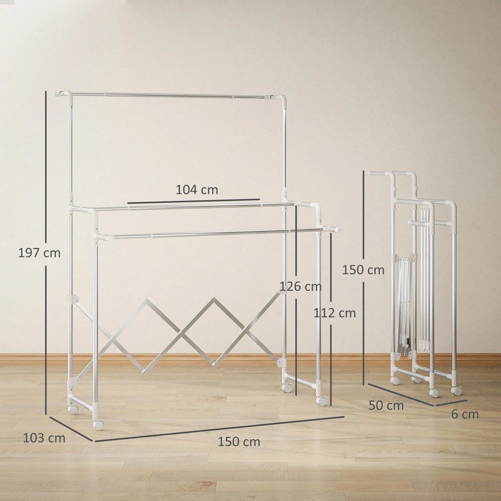 Estendal Vertical Dobrável de 3 Níveis Estendal de Aço Inoxidável com 3 Barras Ajustáveis e Extensíveis 4 Rodas 104-150x103x145-197 cm Prateado