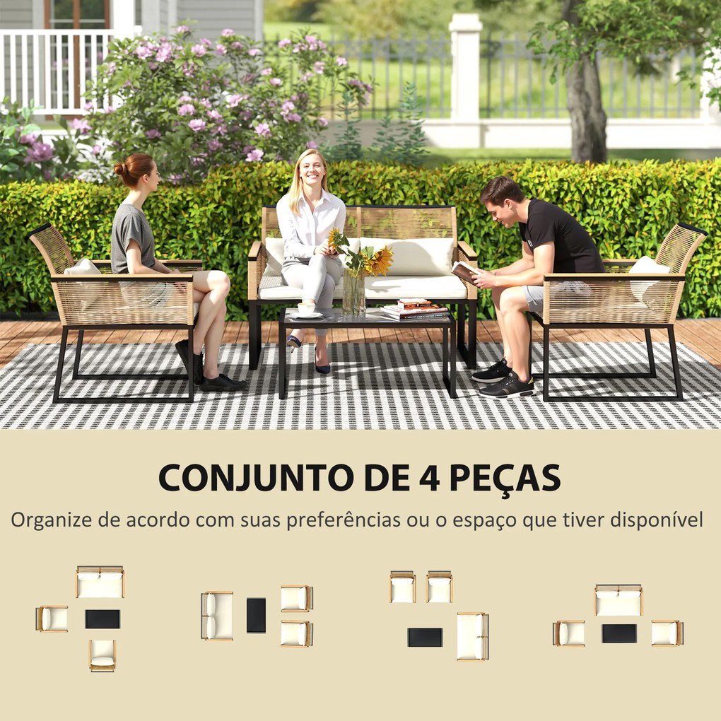 Conjunto de Jardim 4 Peças de Vime Sintético com 2 Cadeiras 1 Sofá de 2 Lugares e Mesa de Centro Madeira e Creme