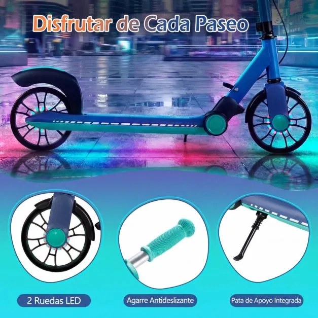 Trotinete dobrável para crianças +6 anos 2 rodas iluminadas com Guiador ajustável em 3 alturas Plataforma antiderrapante Azul