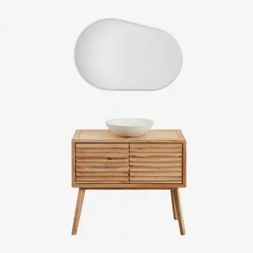 Conjunto De Móvel De Casa De Banho 90x45 Cm Em Madeira Deleyna Madeira Natural & Cimento Redondo Branco Ø40 Cm Zavion & Oval Led - Sklum