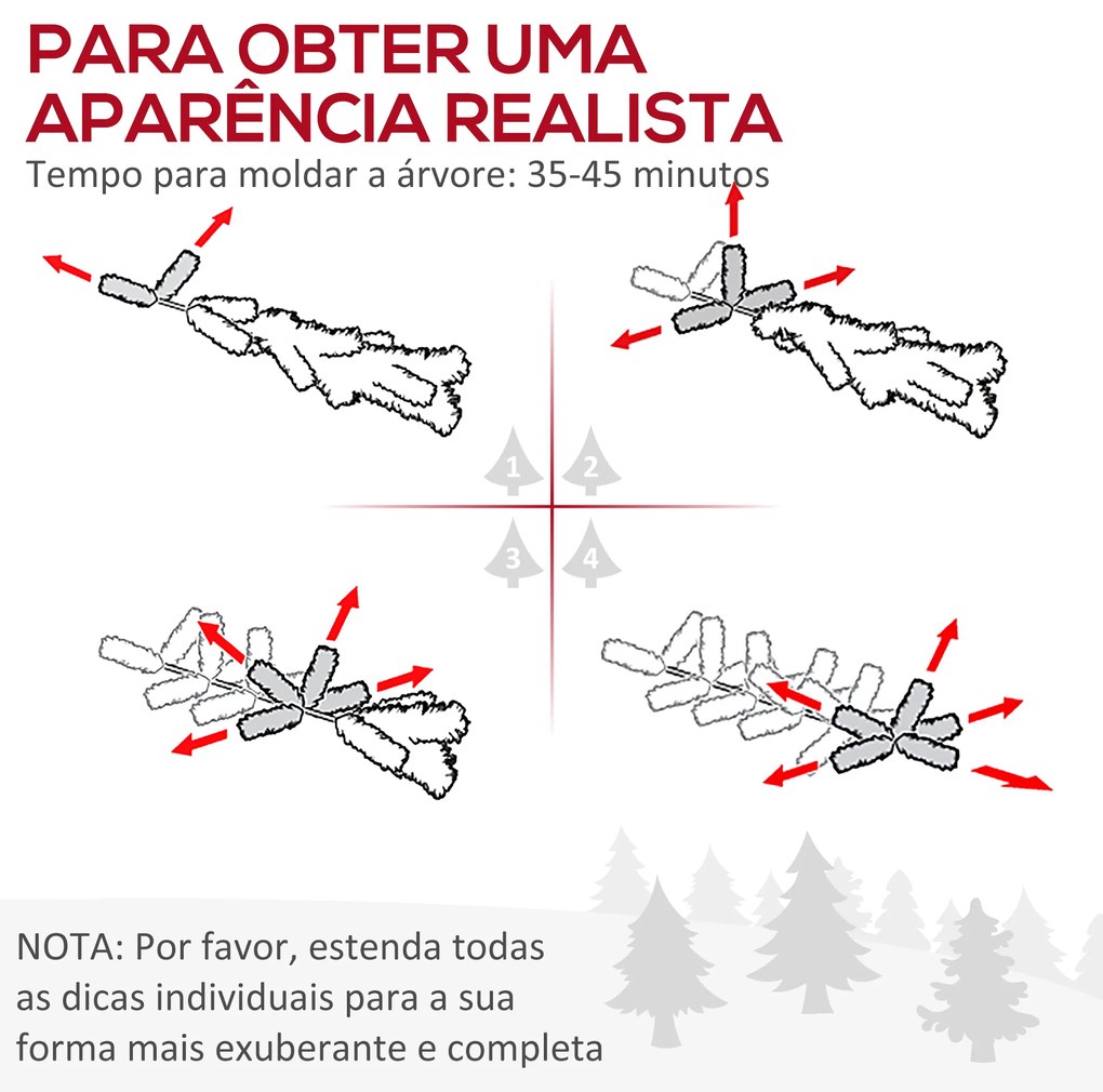 Árvore de Natal Artificial Altura 180cm Ignífugo com 618 Ramos 300 Luzes LED IP20 Folhas de PVC Abertura Automática Base Dobrável e Suporte Metálico D