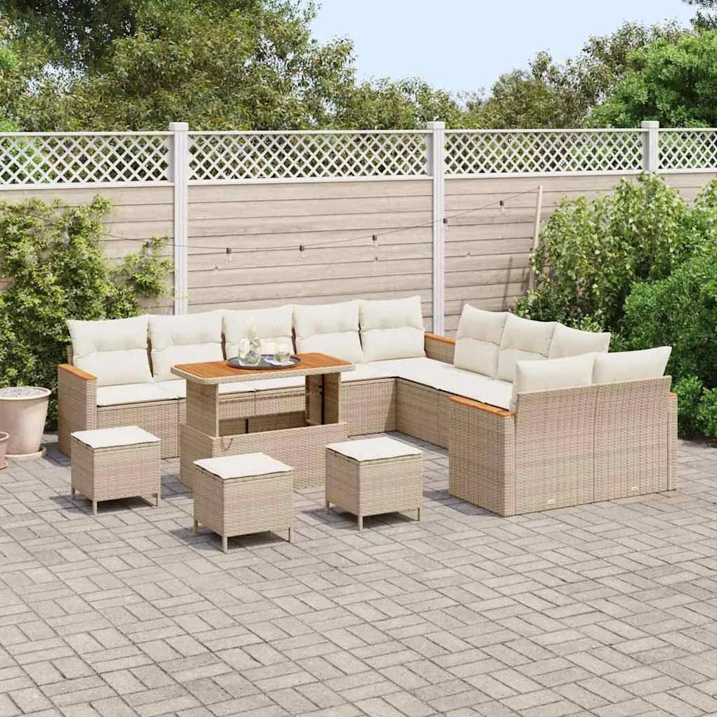 Conjunto de Sofás de Jardim de 14 Peças com Almofadas Bege Rattan Poly