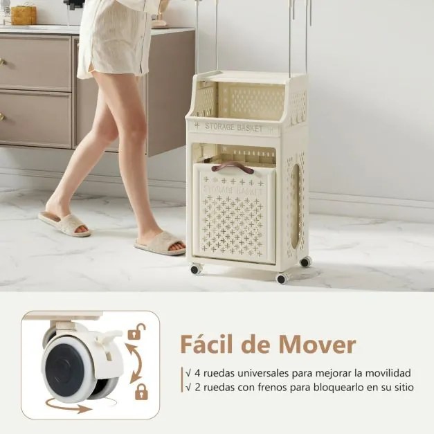 Cesto de roupa suja 40 x 29,5 x 136 cm com rodas e cabide dobrável de plástico multicamadas com cabide bege