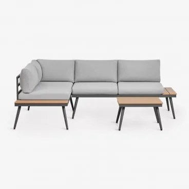 Conjunto De Jardim Com Sofá De Canto Para 4 Pessoas E Mesa De Centro Em Alumínio E Madeira Nadi Cinzento - Castanho Madeira - Sklum