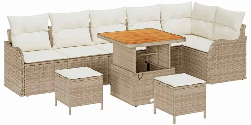 Conjunto de Sofá de Jardim 9 Peças com Almofadas Bege em Rattan e Acác