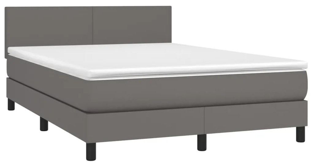 Cama box spring c/ colchão/LED 140x190cm couro artificial cinza