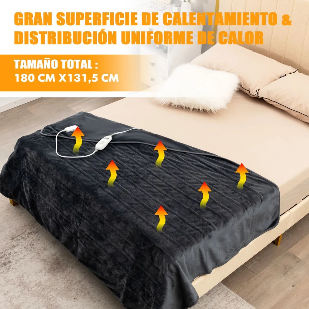 Manta elétrica de flanela 9 regulações de calor 9H Temporizador Lavável à máquina com controlo remoto 180 x 131,5 cm Cinzenta