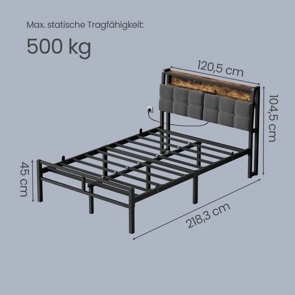Cama de metal 120 x 200 cm com iluminação LED (COLCHÃO NÃO INCLUIDO), tomadas e espaço de arrumação, preta