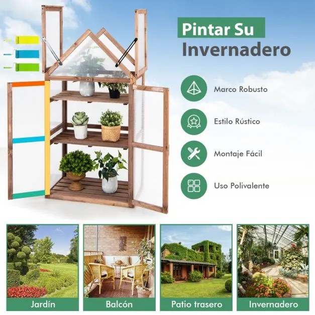 Mini Estufa 3 Níveis 71 x 41 x 133 cm Jardim de Madeira Abeto Teto Tampa rebatível Castanho