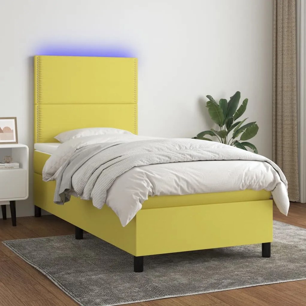 vidaXL Cama box spring c/ colchão e LED 100x200 cm tecido verde