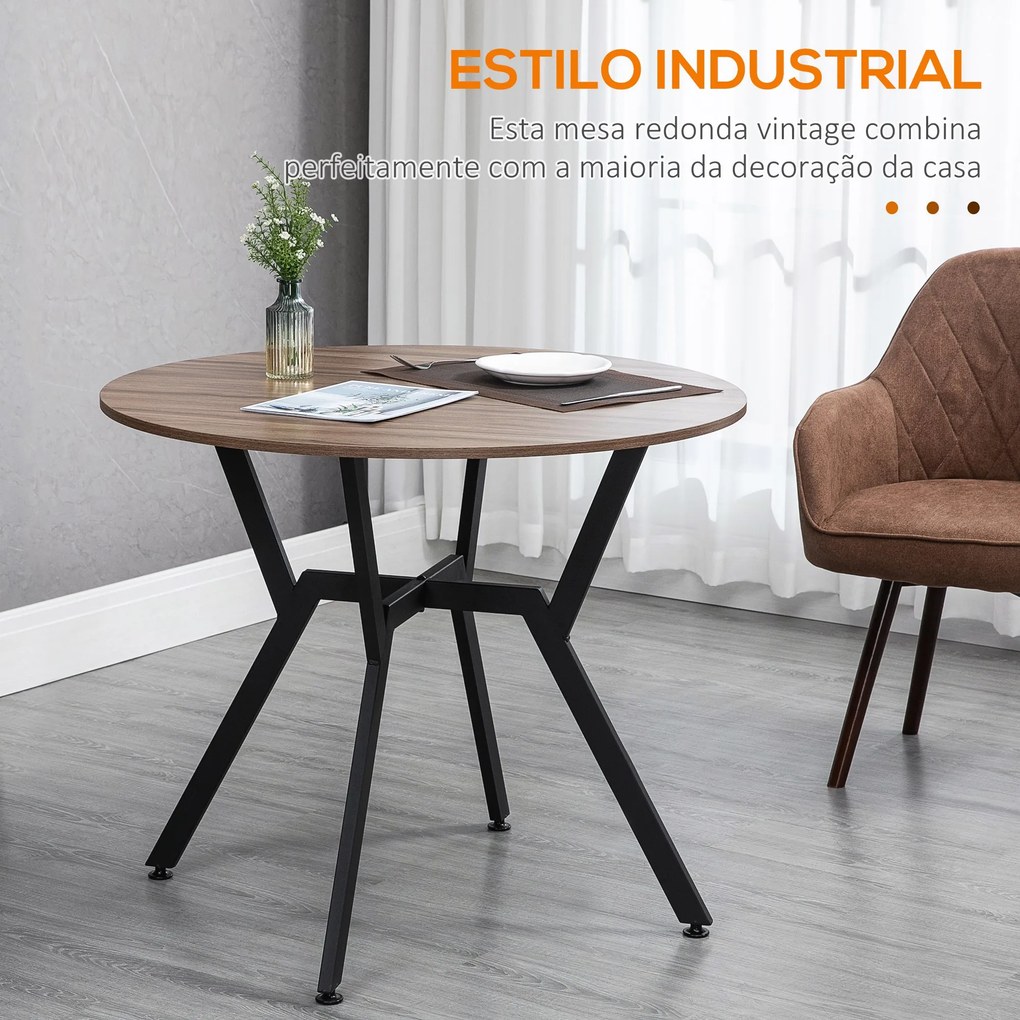 Mesa de Cozinha Redonda Mesa de Jantar Estilo Industrial com Bancada de Madeira e Estrutura de Aço para Sala de Jantar Carga 60kg Ø90x76 cm Marrom e P