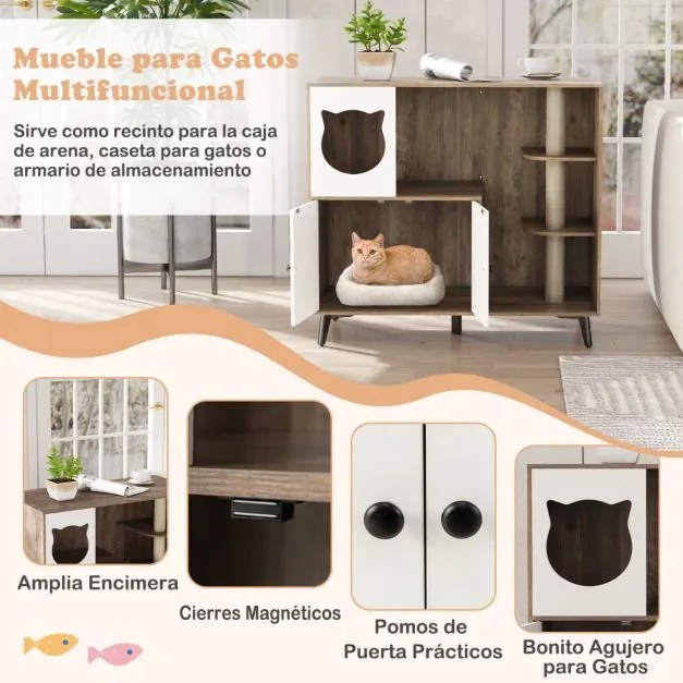 Móvel 5 em 1 para caixa de areia gatos 100 x 51 x 91 cm com 3 postes de sisal para arranhar, suporte com 5 pés metálicos Cinza + Branco